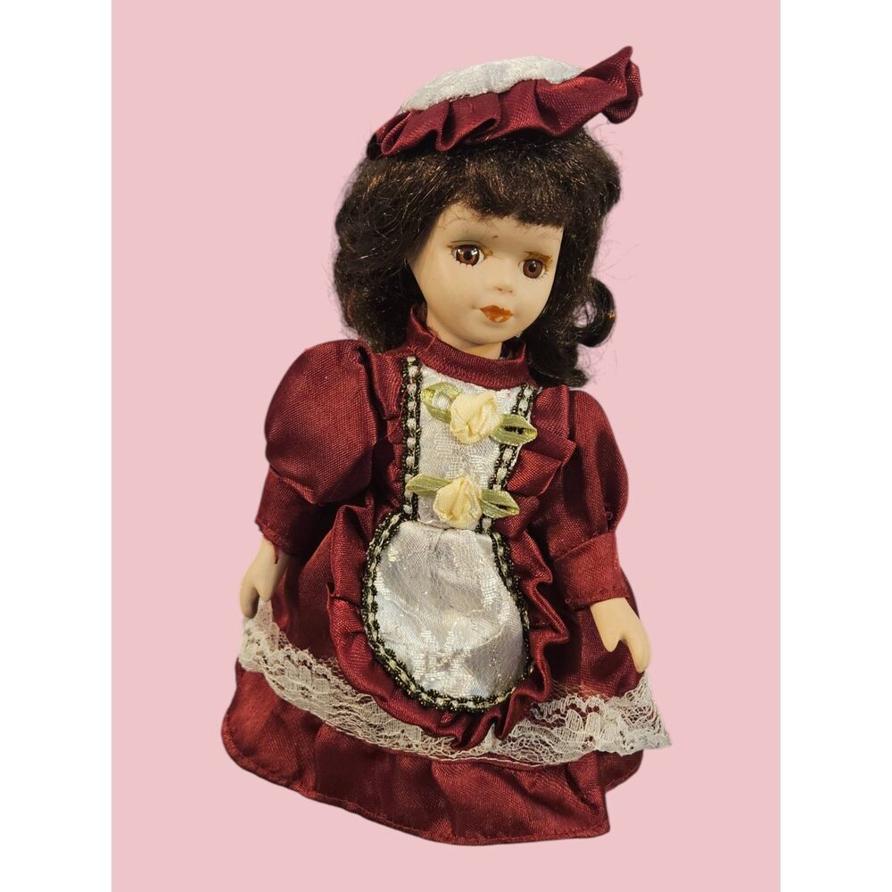 Vintage Porcelain Doll with Brown Hair and Red Dress -- ITEM #3103